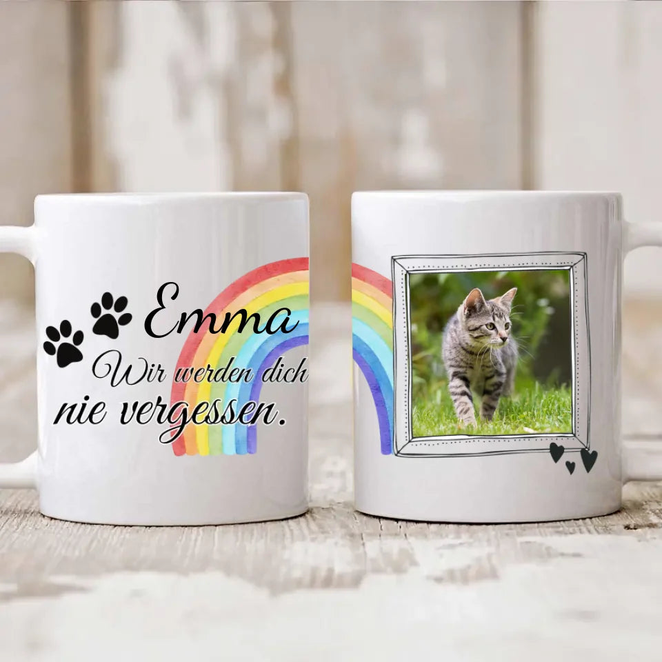 Katzen Foto-Becher mit Spruch "Wir werden dich nie vergessen"