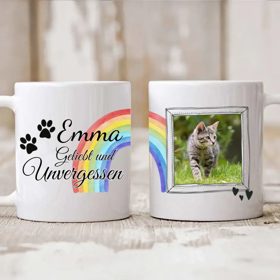 Katzen Foto-Becher mit Spruch "Geliebt und unvergessen"