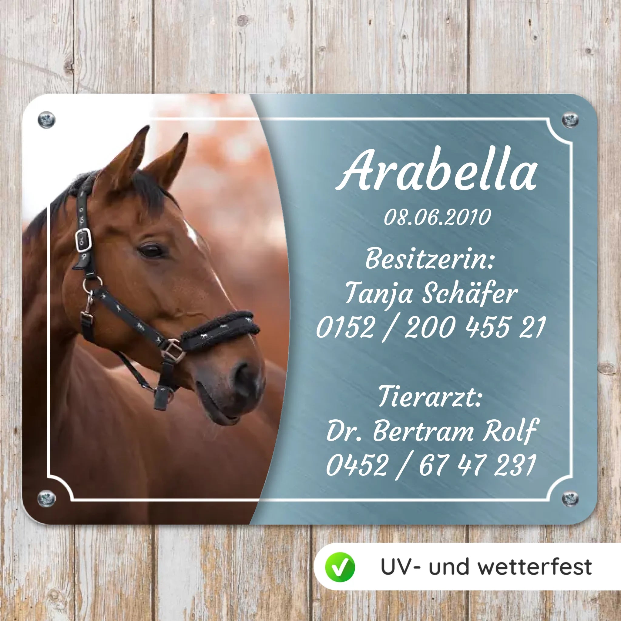 Pferde Boxenschild mit Foto & Wunschtext (UV- und wetterfest)