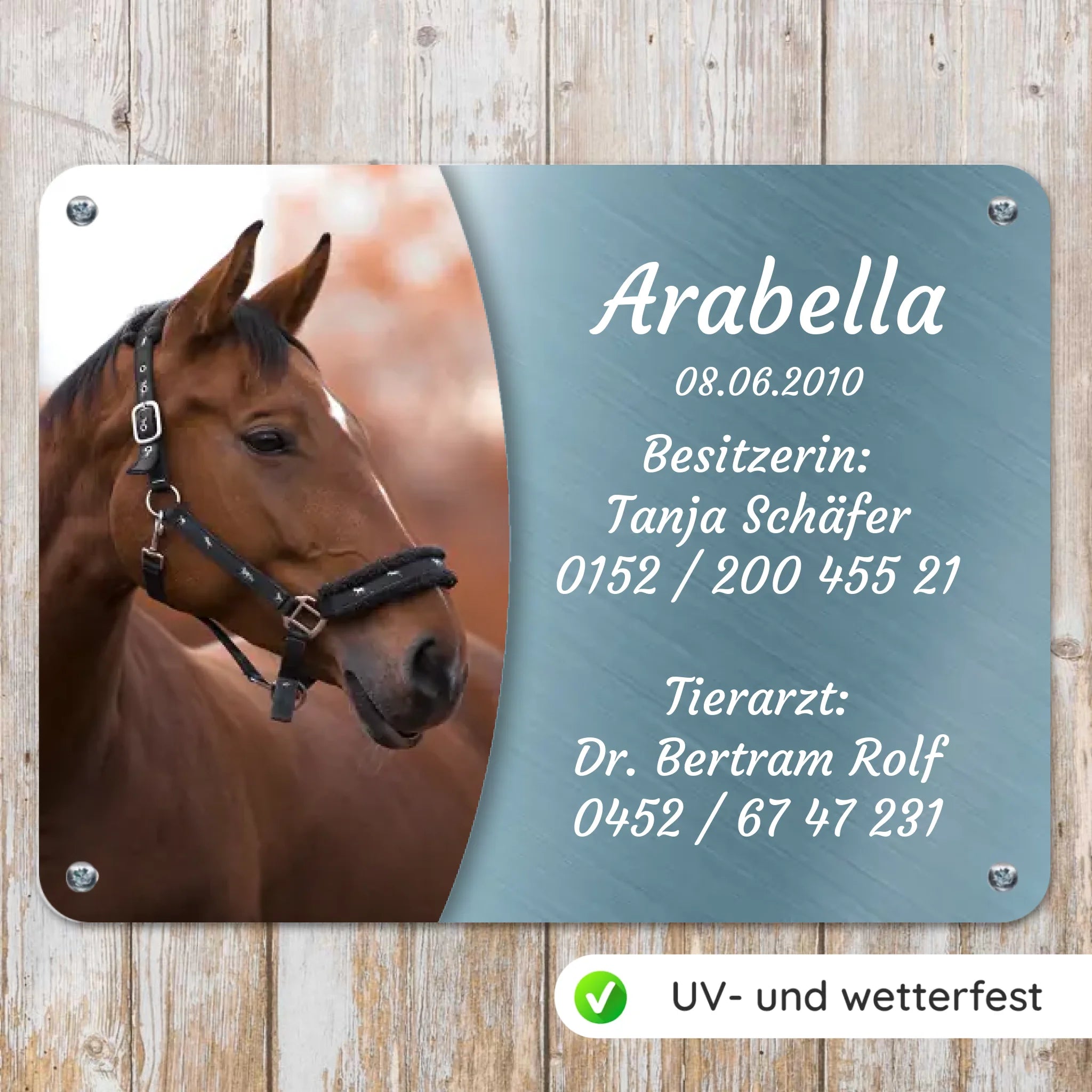 Pferde Boxenschild mit Foto & Wunschtext (UV- und wetterfest)