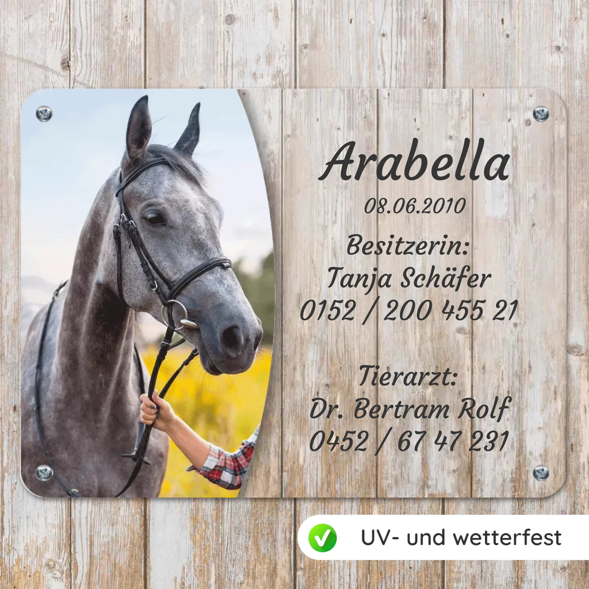 Pferde Boxenschild mit Foto & Wunschtext (UV- und wetterfest)