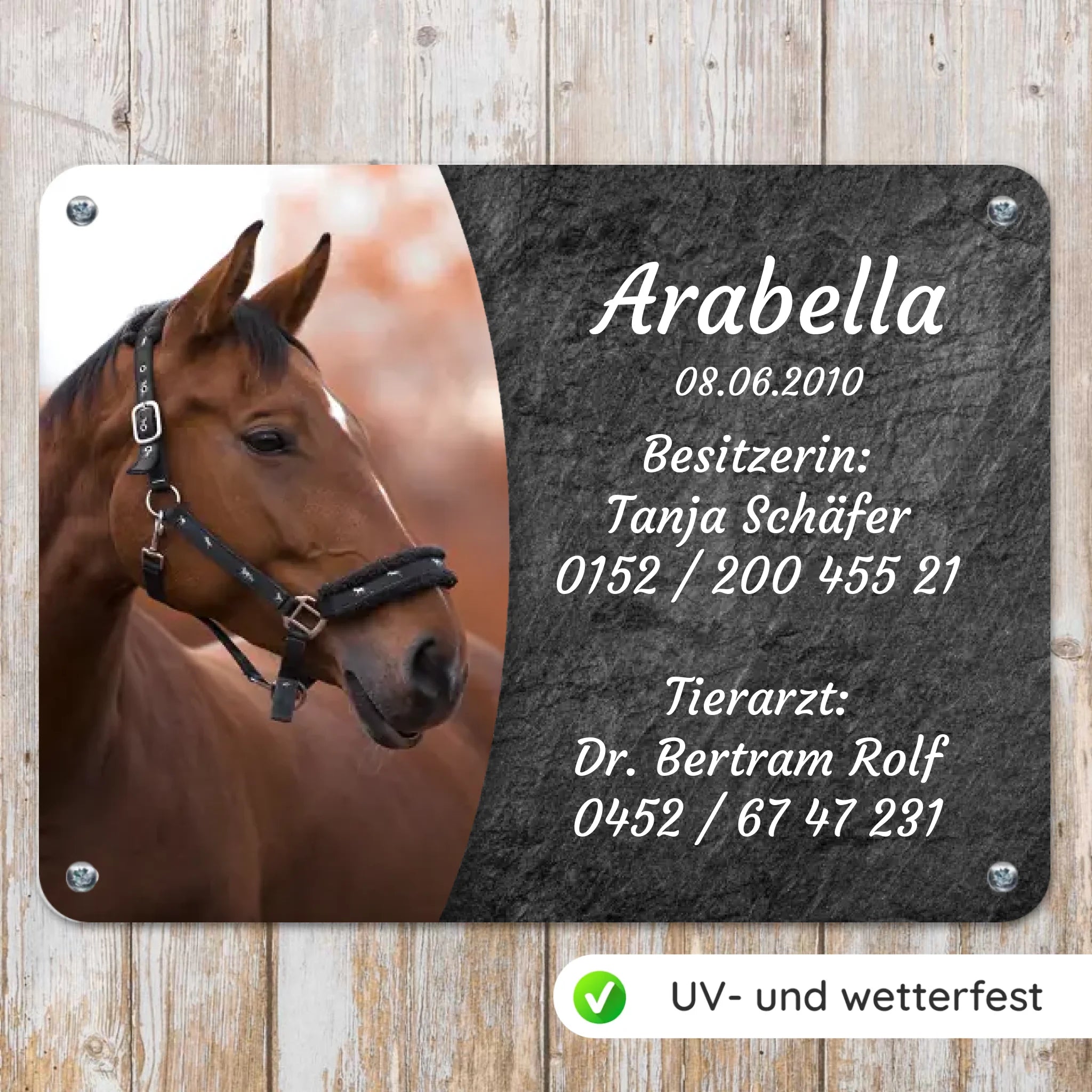 Pferde Boxenschild mit Foto & Wunschtext (UV- und wetterfest)