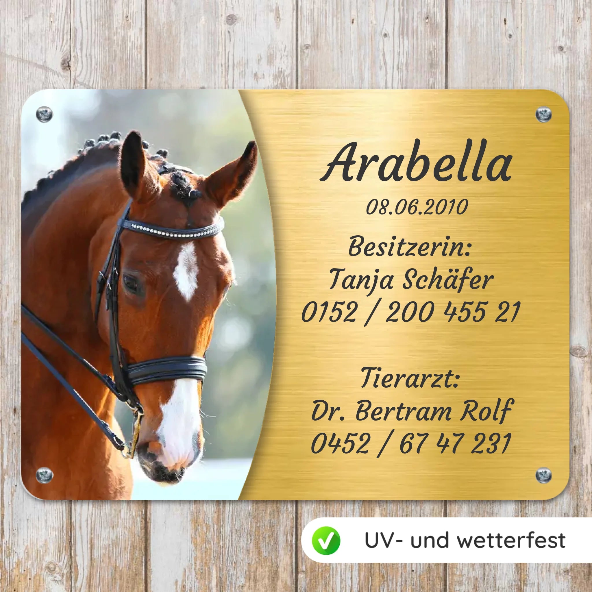 Pferde Boxenschild mit Foto & Wunschtext (UV- und wetterfest)