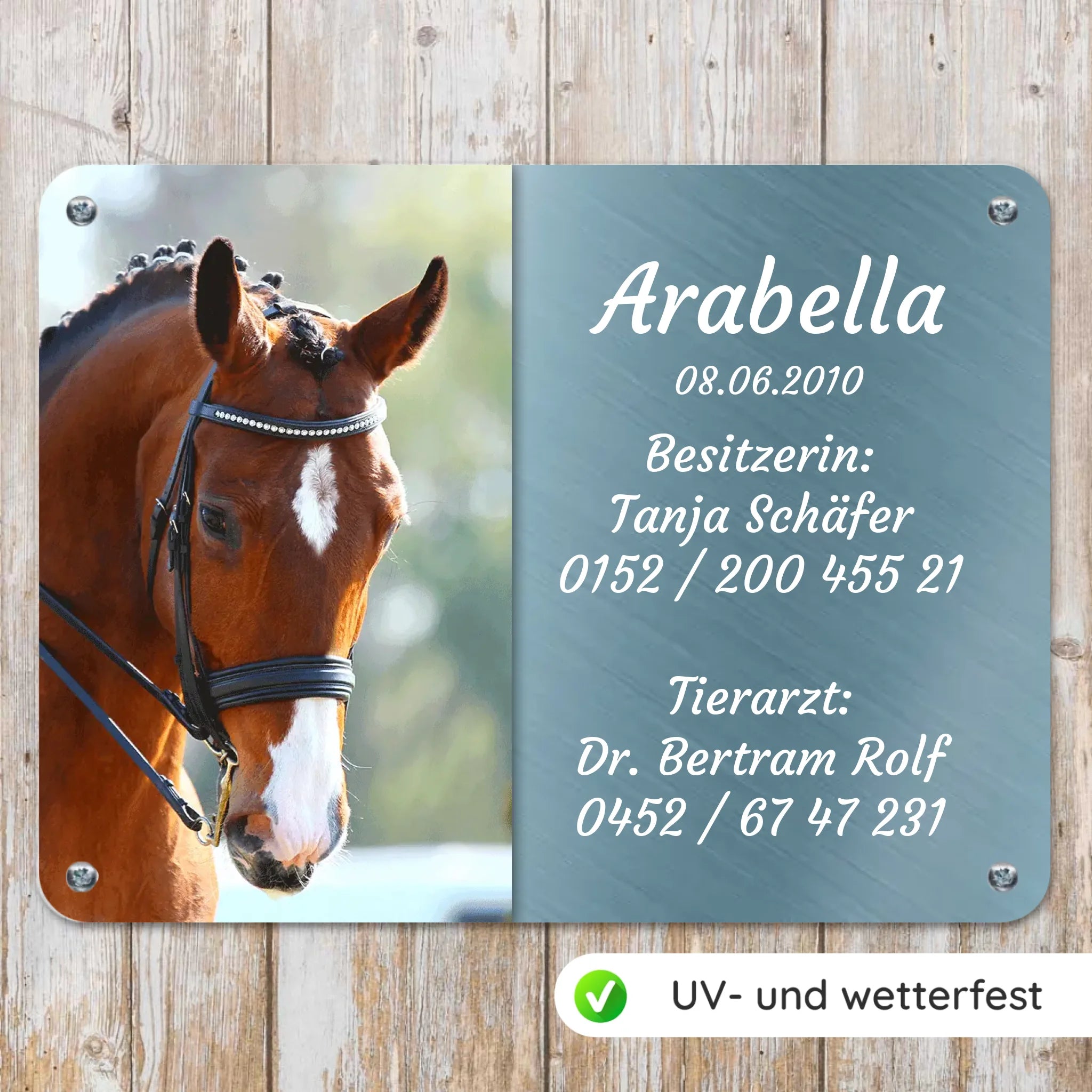 Pferde Boxenschild mit Foto & Wunschtext (UV- und wetterfest)
