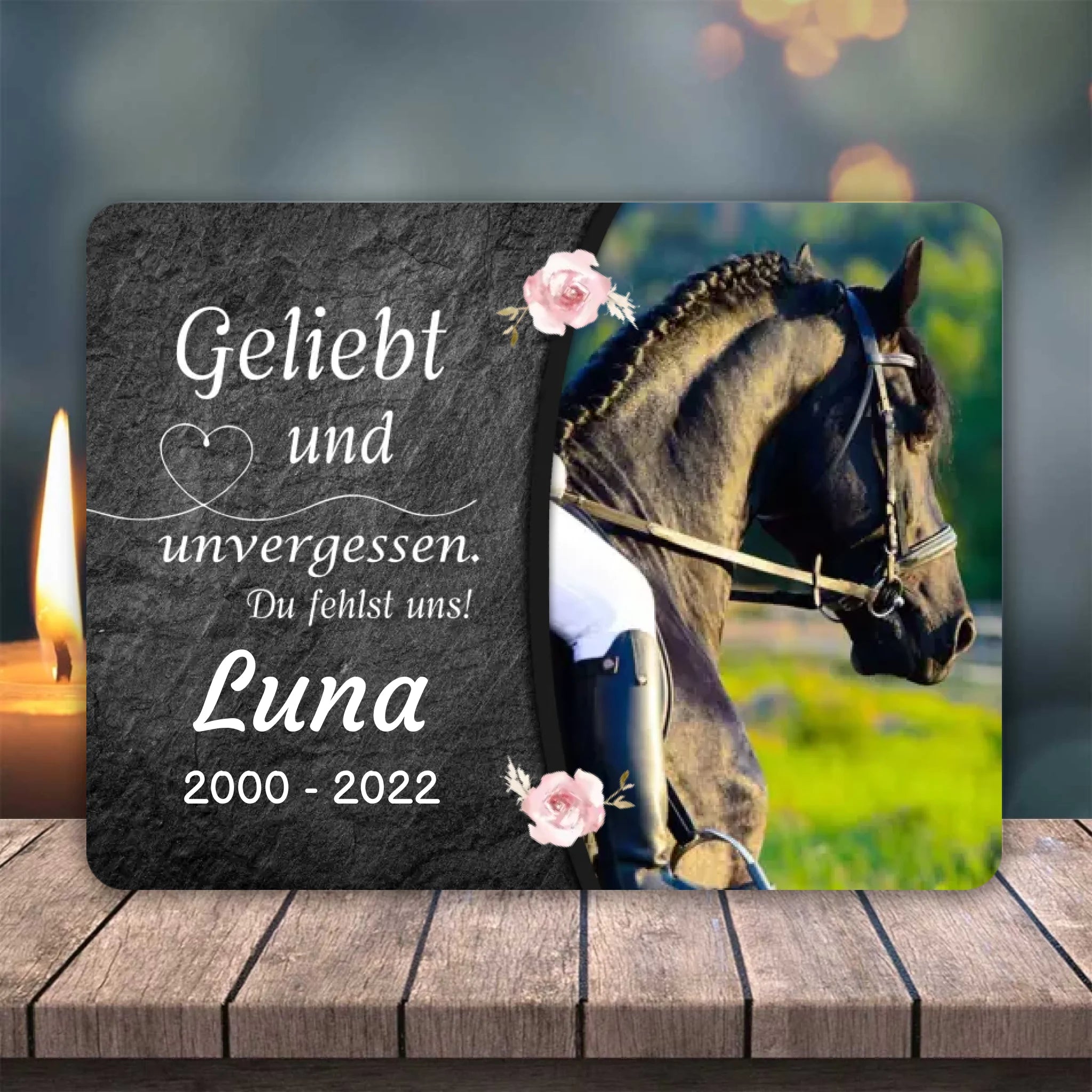 Pferde Gedenktafel mit Foto & Spruch (UV- & Wetterfest)