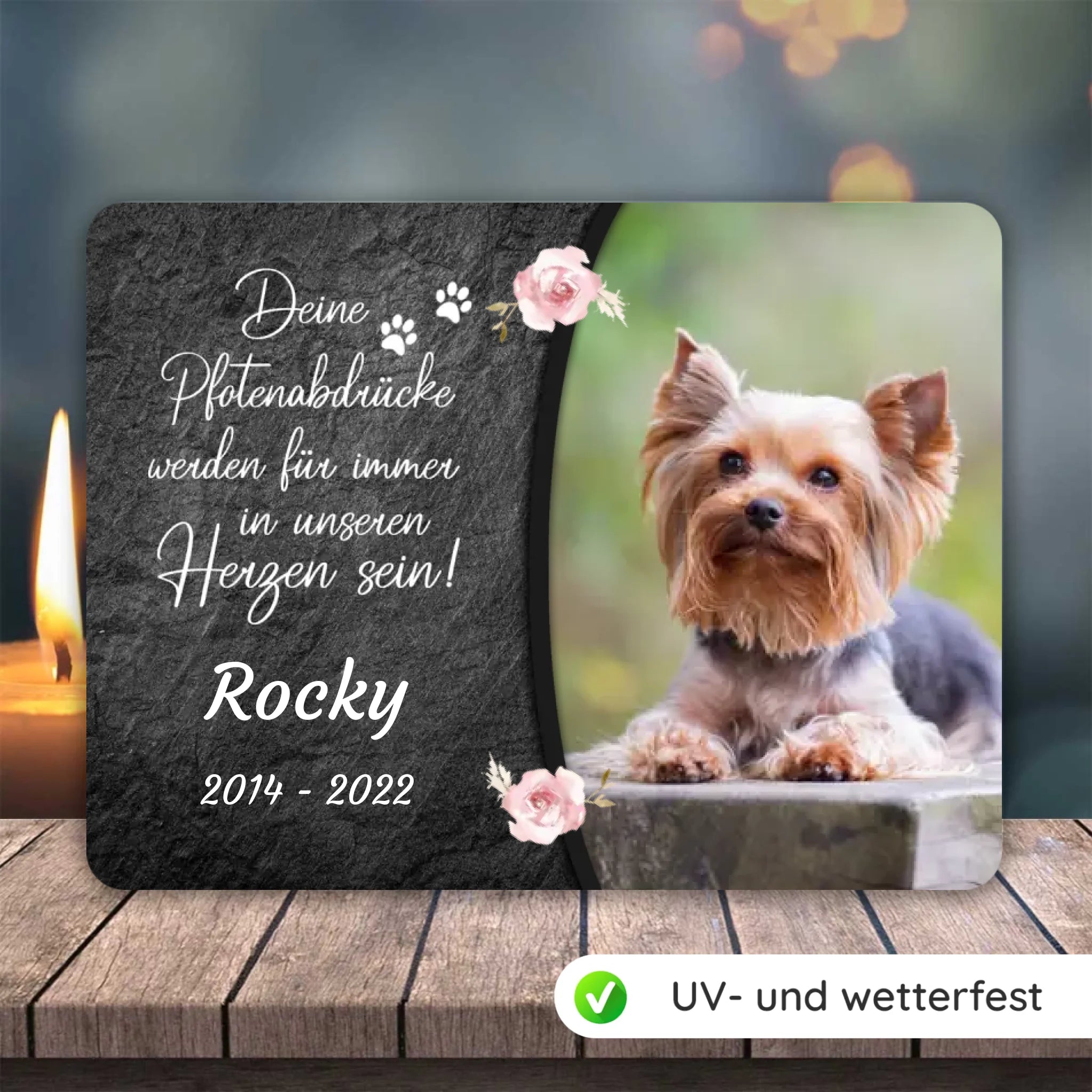Hunde Gedenktafel mit Foto & Spruch (UV- & Wetterfest)