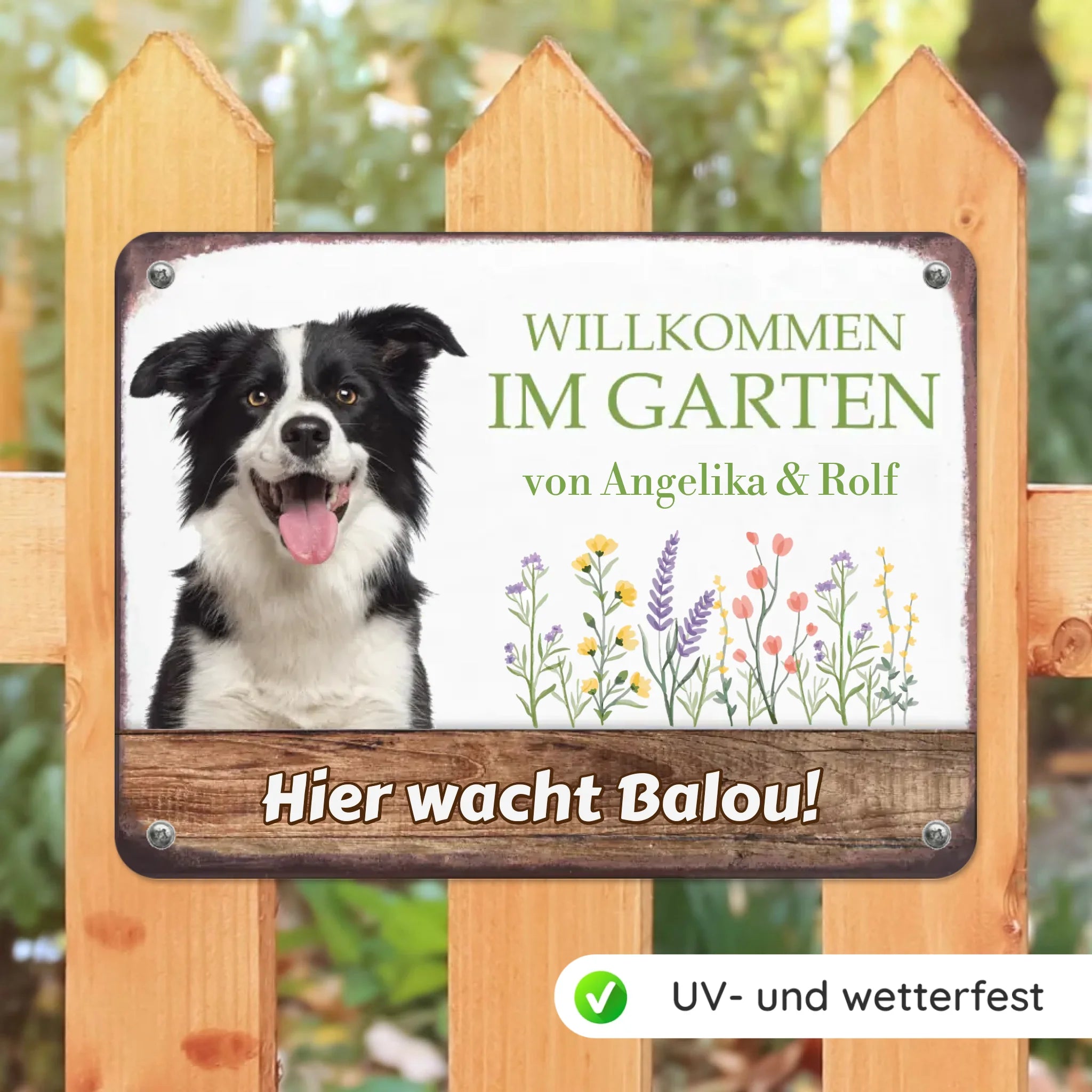Hunde Garten-Schild personalisiert mit Foto & Text (UV- und wetterfest)