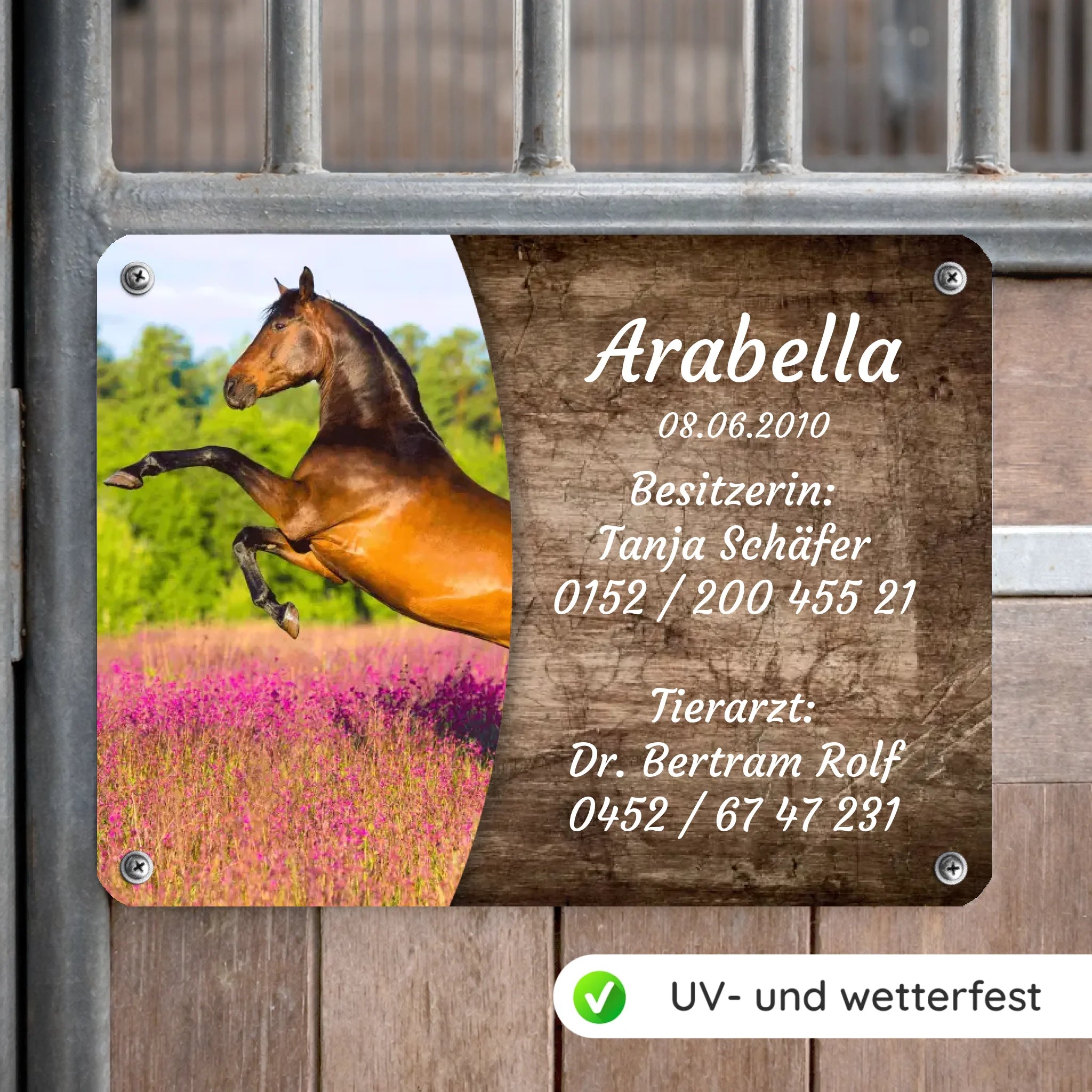 Pferde Boxenschild mit Foto & Wunschtext (UV- und wetterfest)