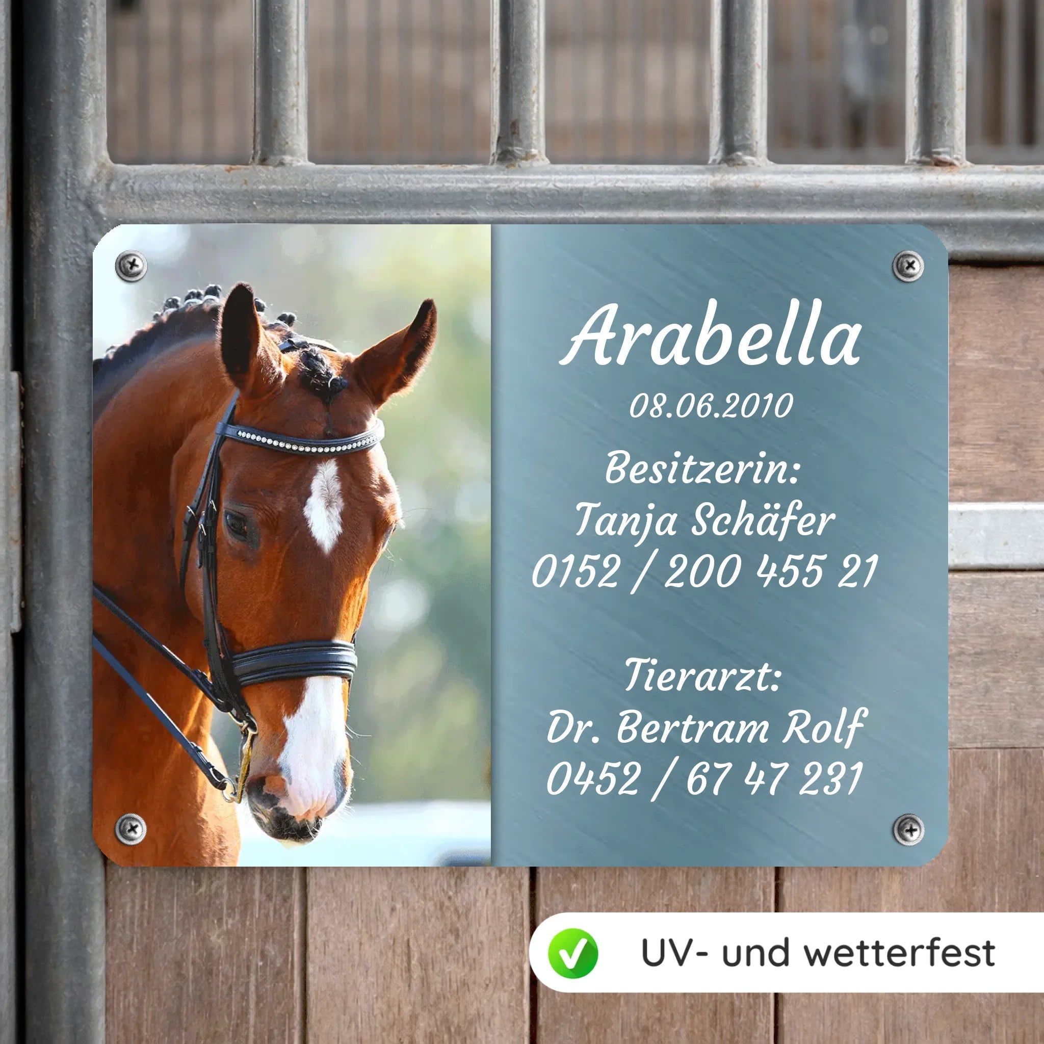 Pferde Boxenschild mit Foto & Wunschtext (UV- und wetterfest)