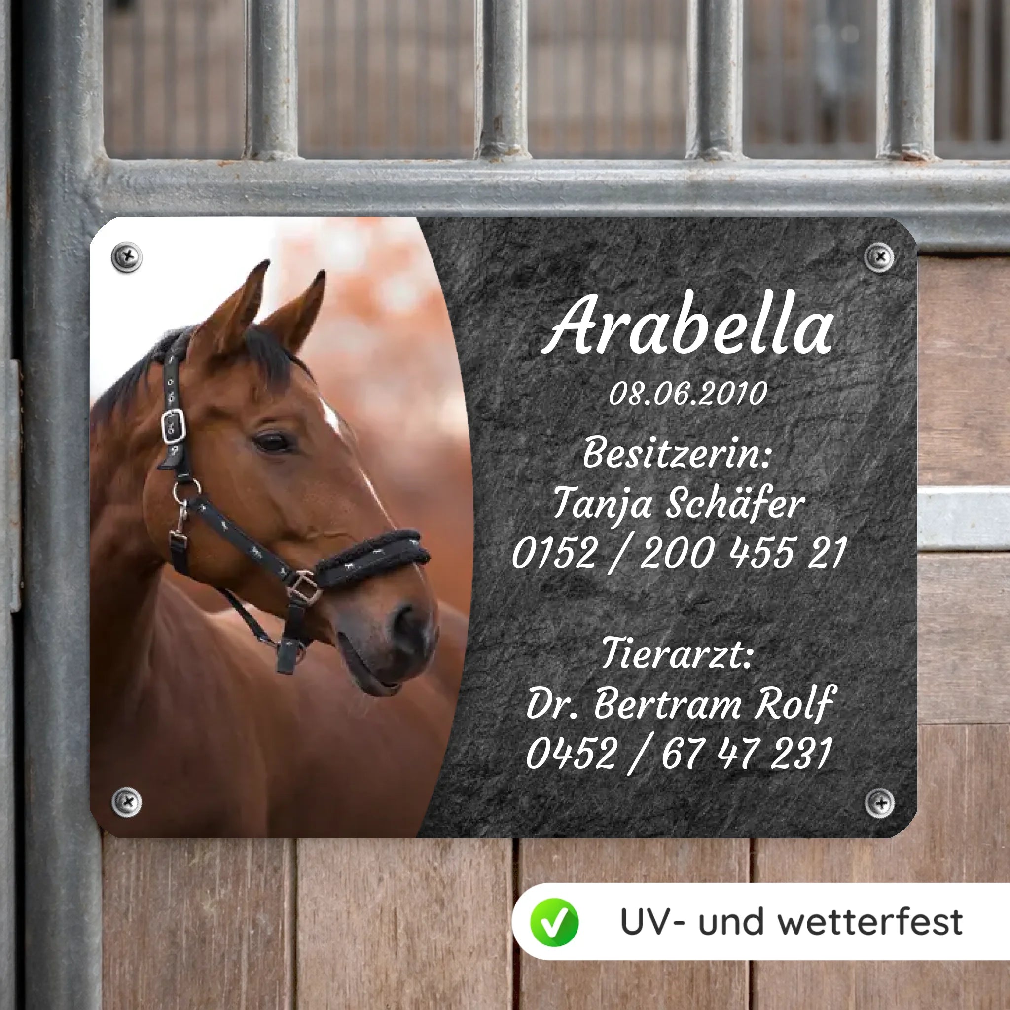 Pferde Boxenschild mit Foto & Wunschtext (UV- und wetterfest)