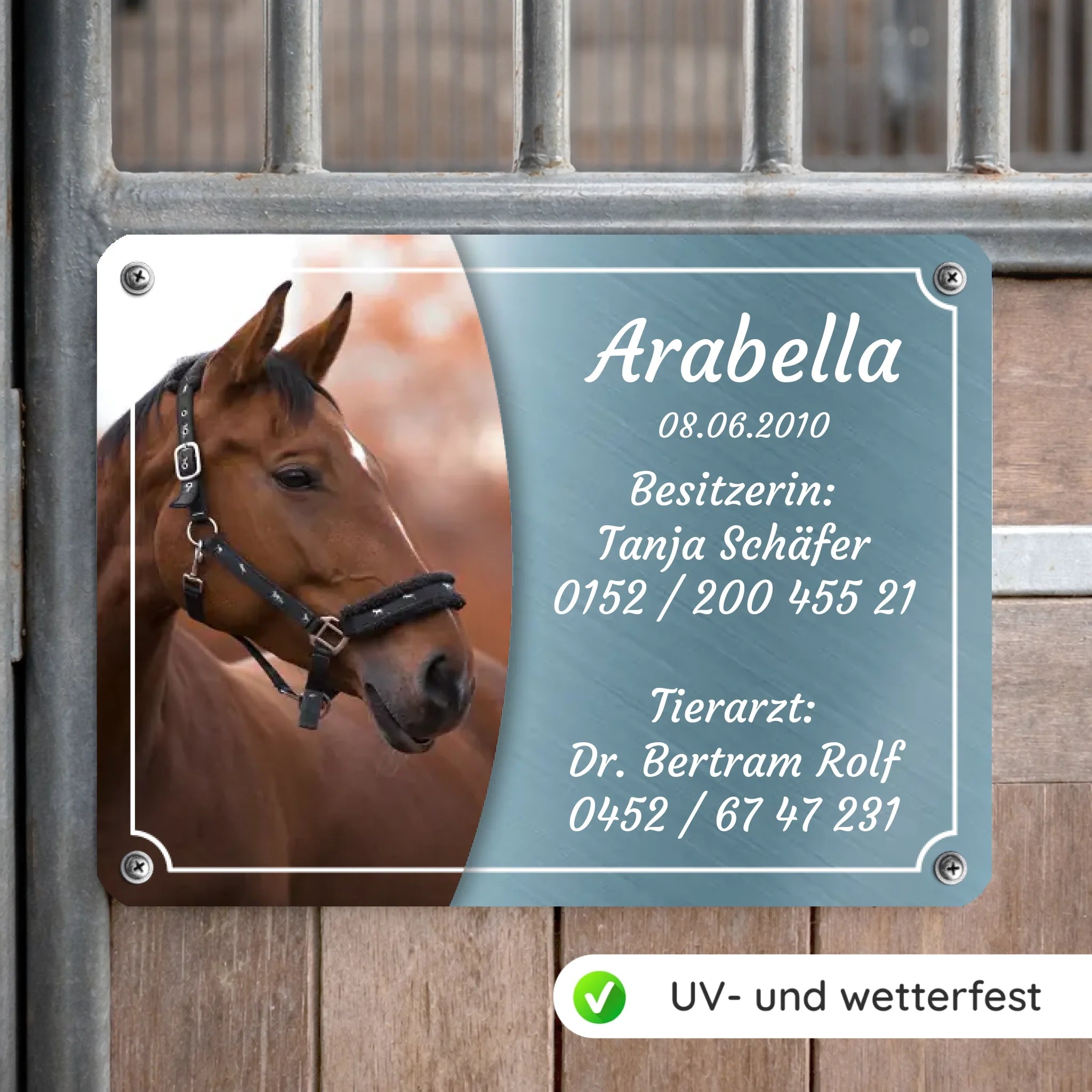Pferde Boxenschild mit Foto & Wunschtext (UV- und wetterfest)