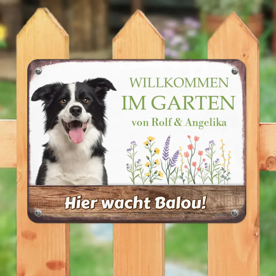 Hunde Garten-Schild personalisiert mit Foto & Text (UV- und wetterfest)