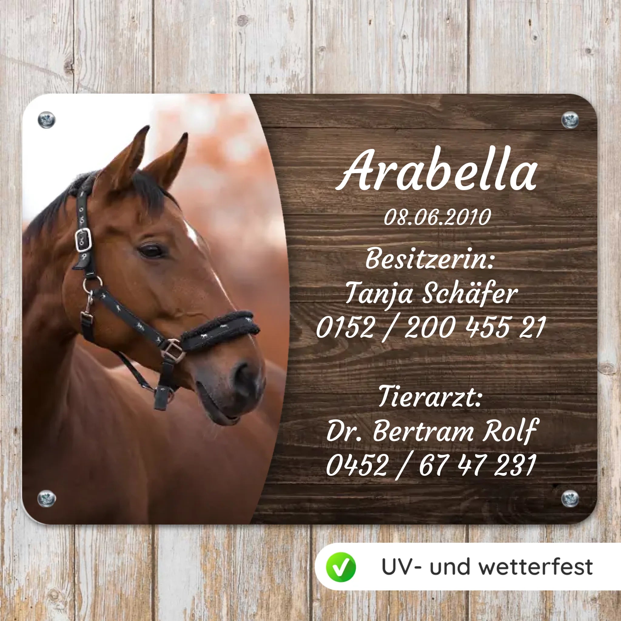 Pferde Boxenschild mit Foto & Wunschtext (UV- und wetterfest)