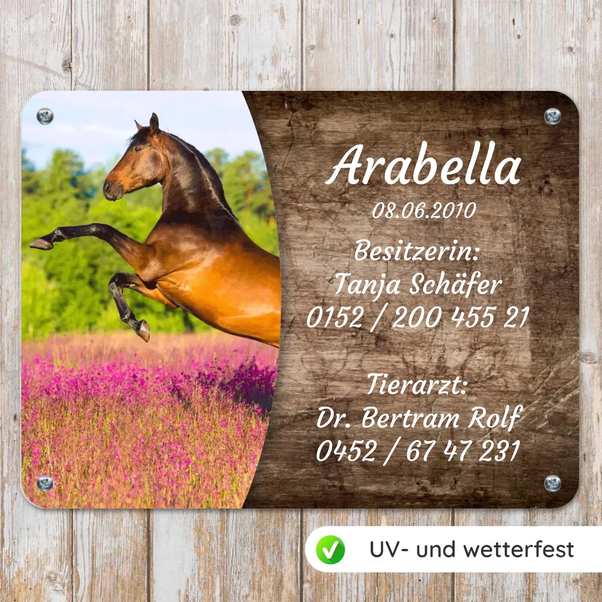 Pferde Boxenschild mit Foto & Wunschtext (UV- und wetterfest)