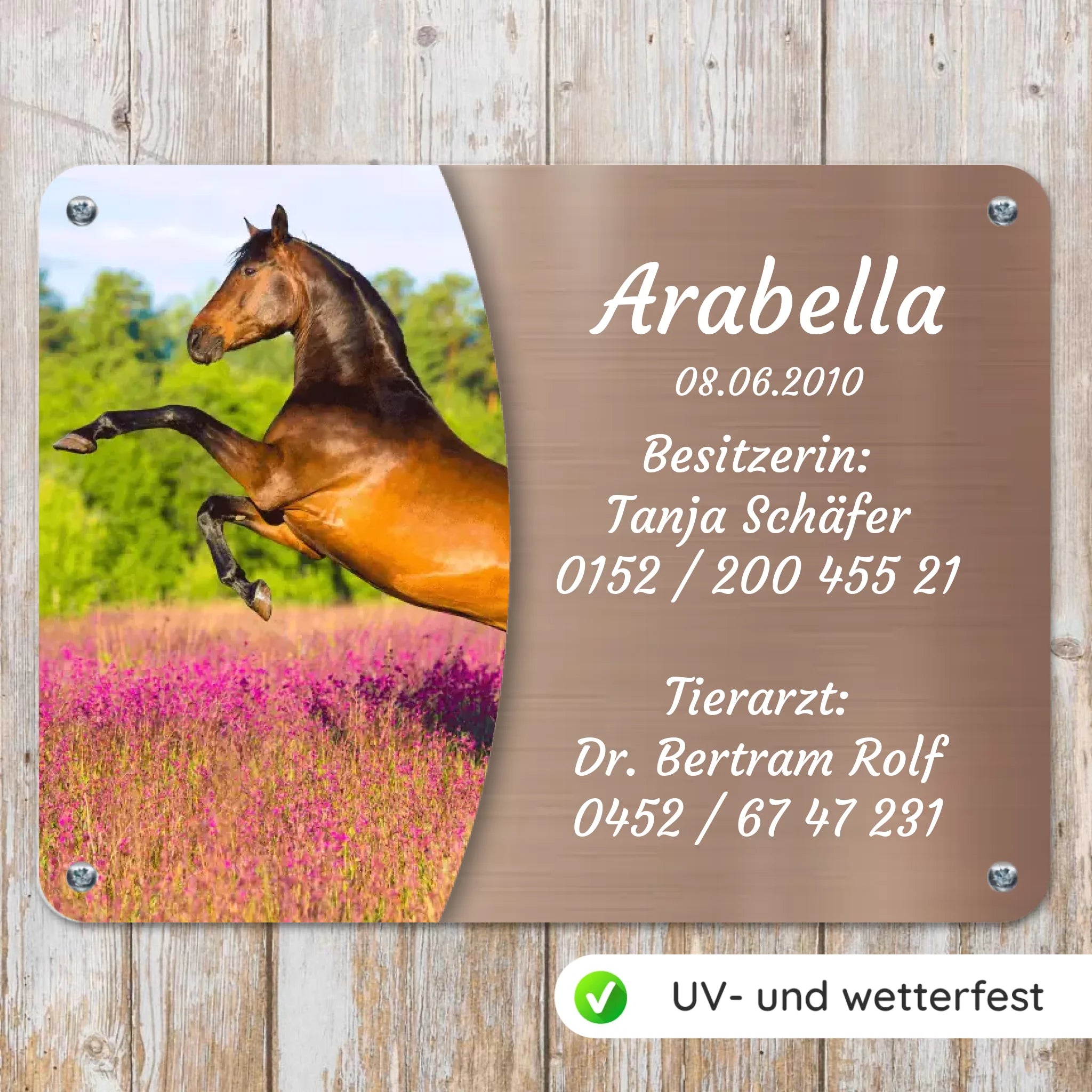 Pferde Boxenschild mit Foto & Wunschtext (UV- und wetterfest)
