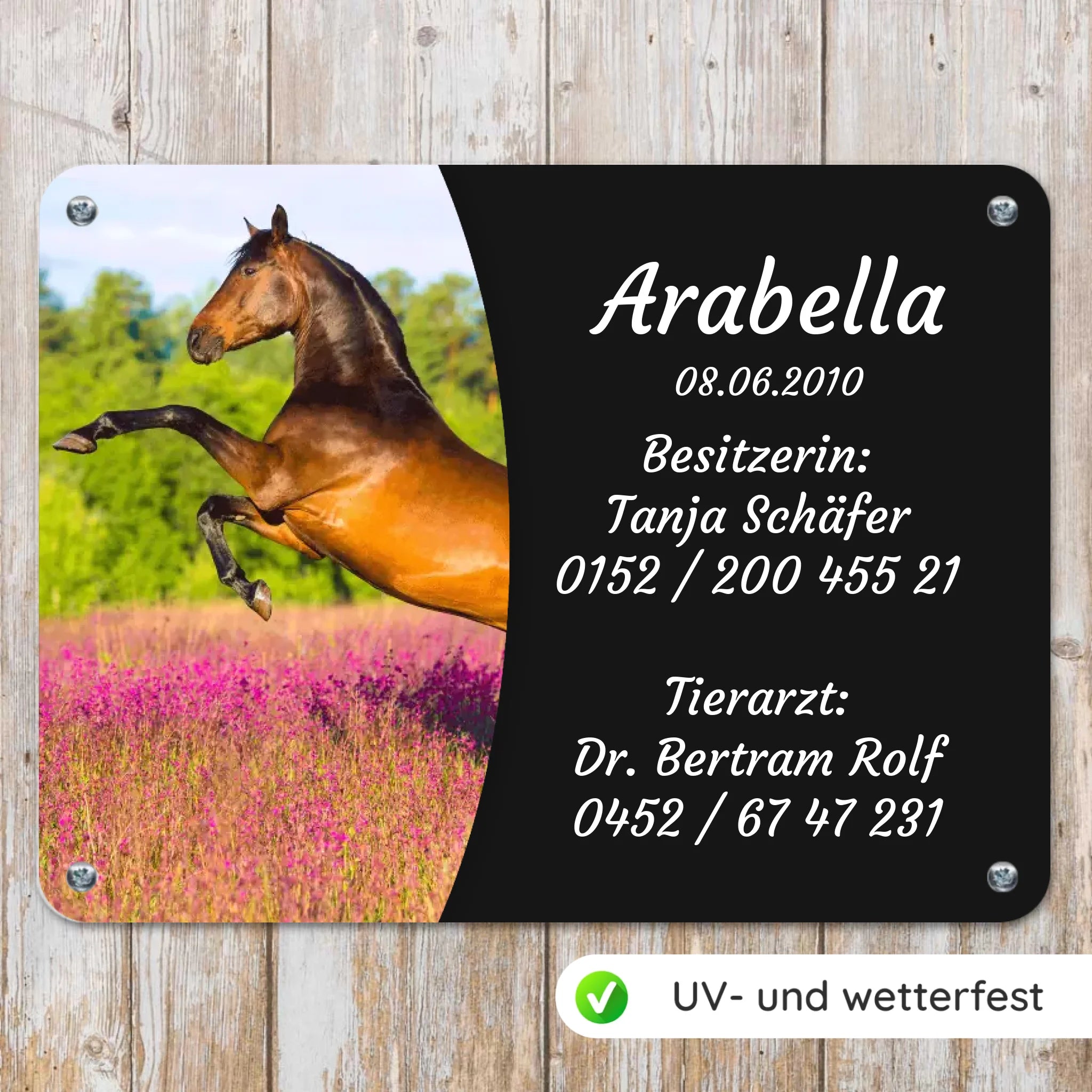 Pferde Boxenschild mit Foto & Wunschtext (UV- und wetterfest)