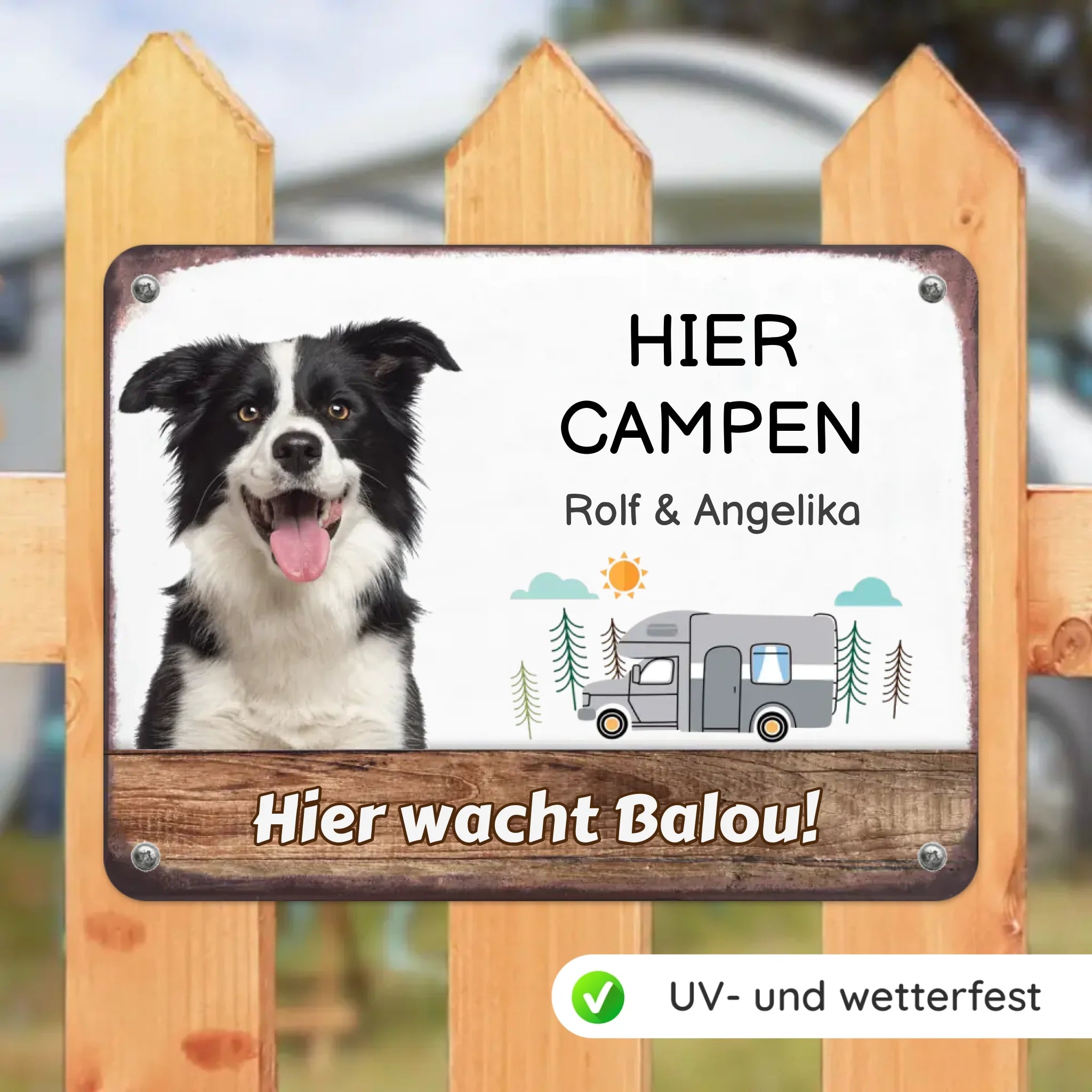 Hunde Camping-Schild personalisiert mit Foto & Text (UV- und wetterfest)