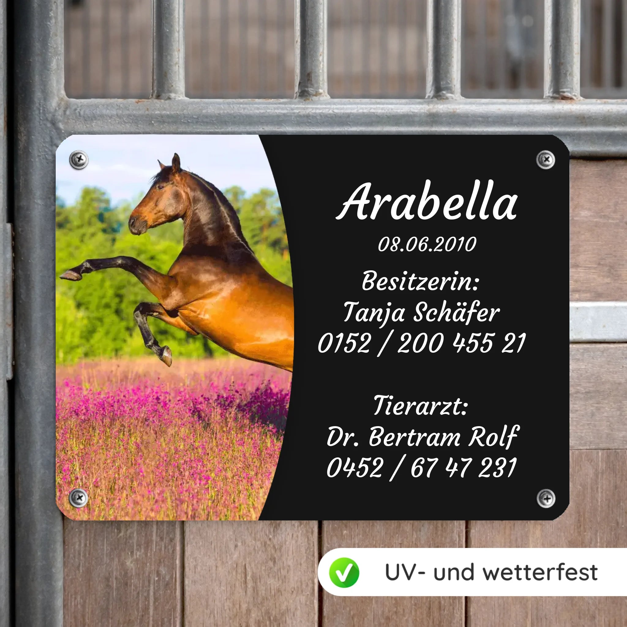 Pferde Boxenschild mit Foto & Wunschtext (UV- und wetterfest)