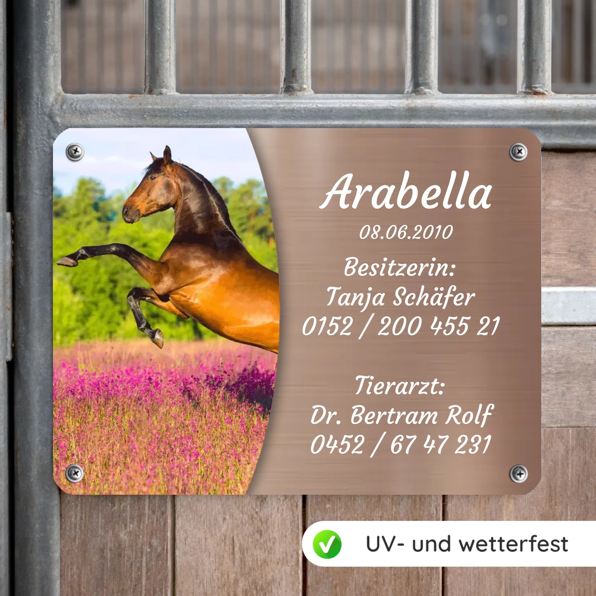 Pferde Boxenschild mit Foto & Wunschtext (UV- und wetterfest)