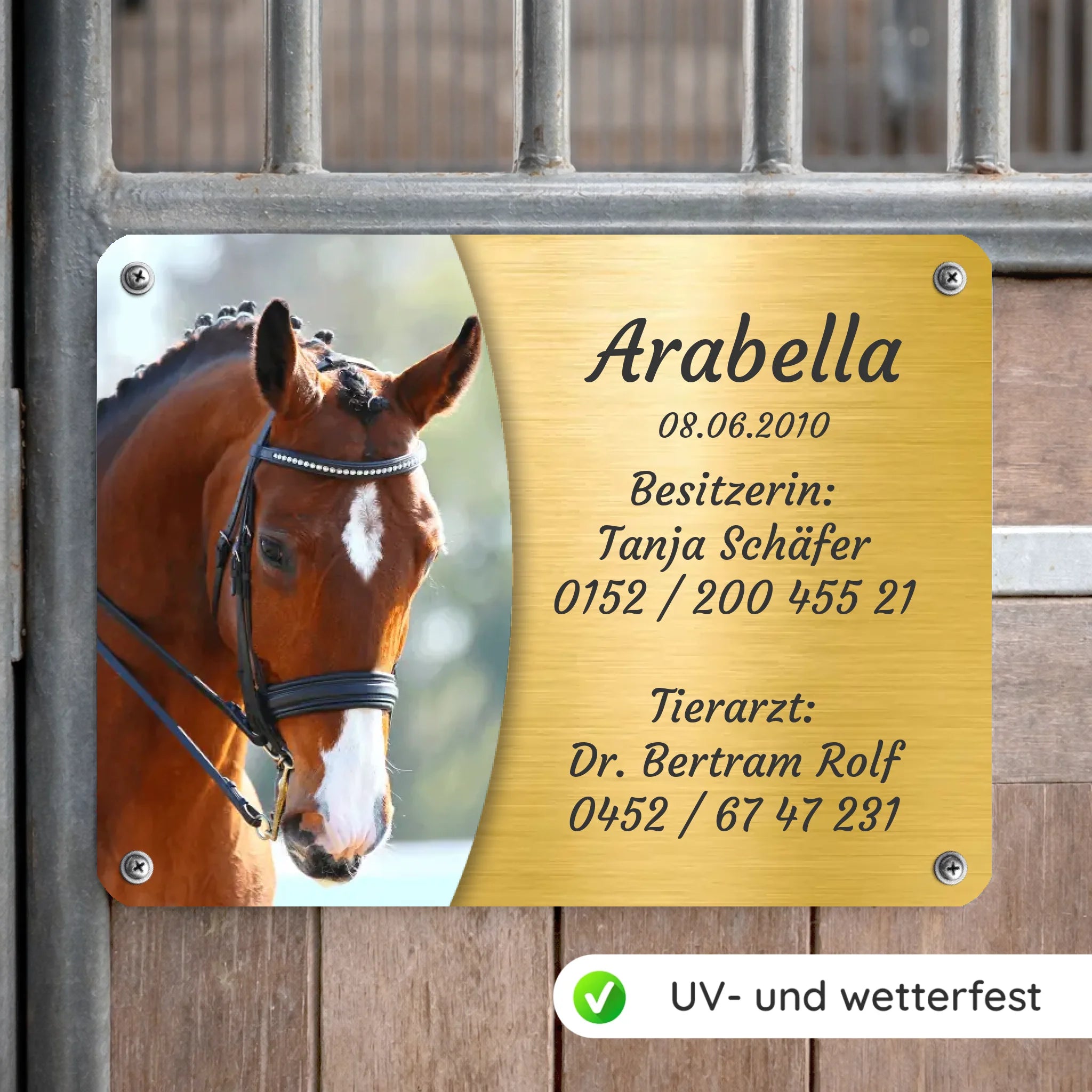 Pferde Boxenschild mit Foto & Wunschtext (UV- und wetterfest)