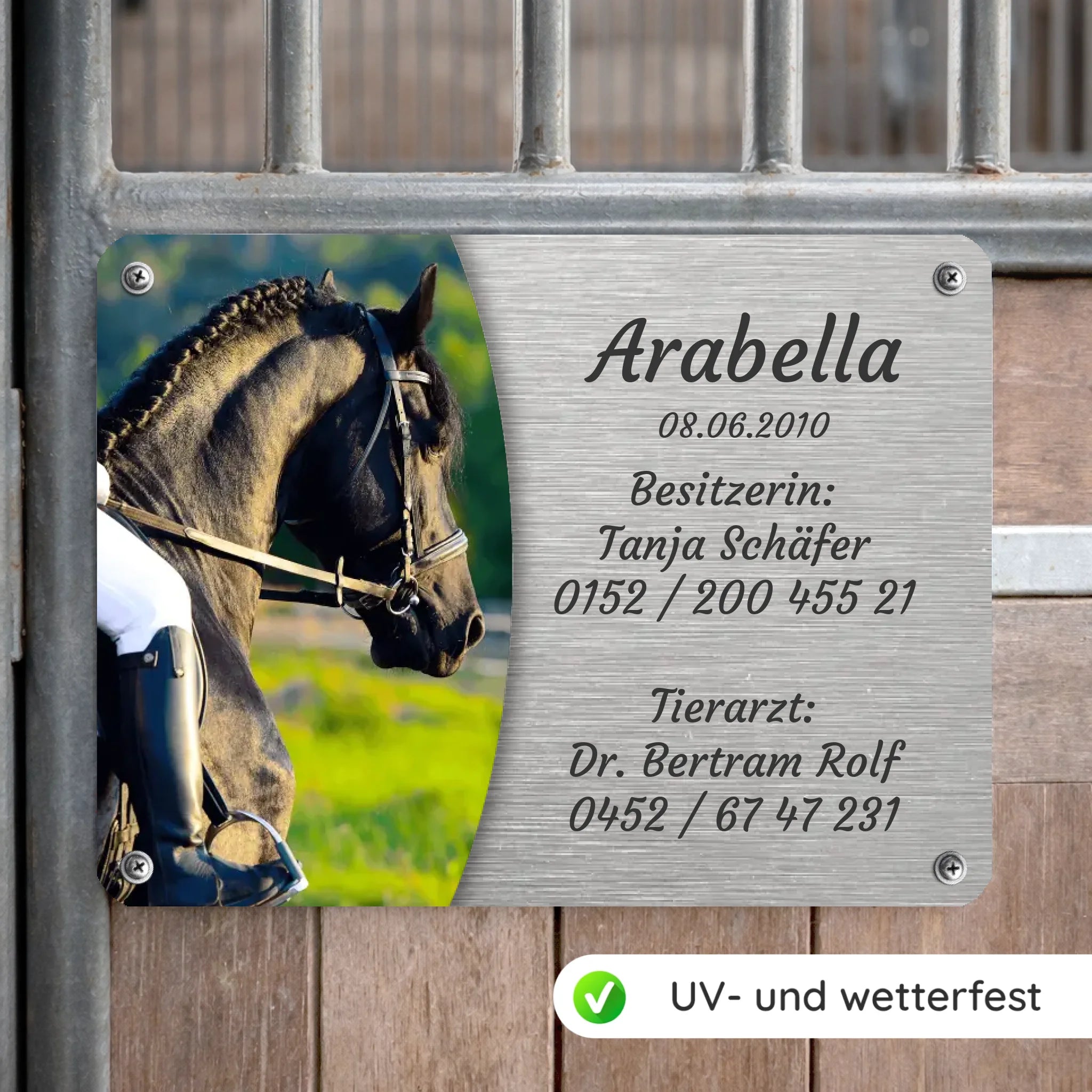 Pferde Boxenschild mit Foto & Wunschtext (UV- und wetterfest)