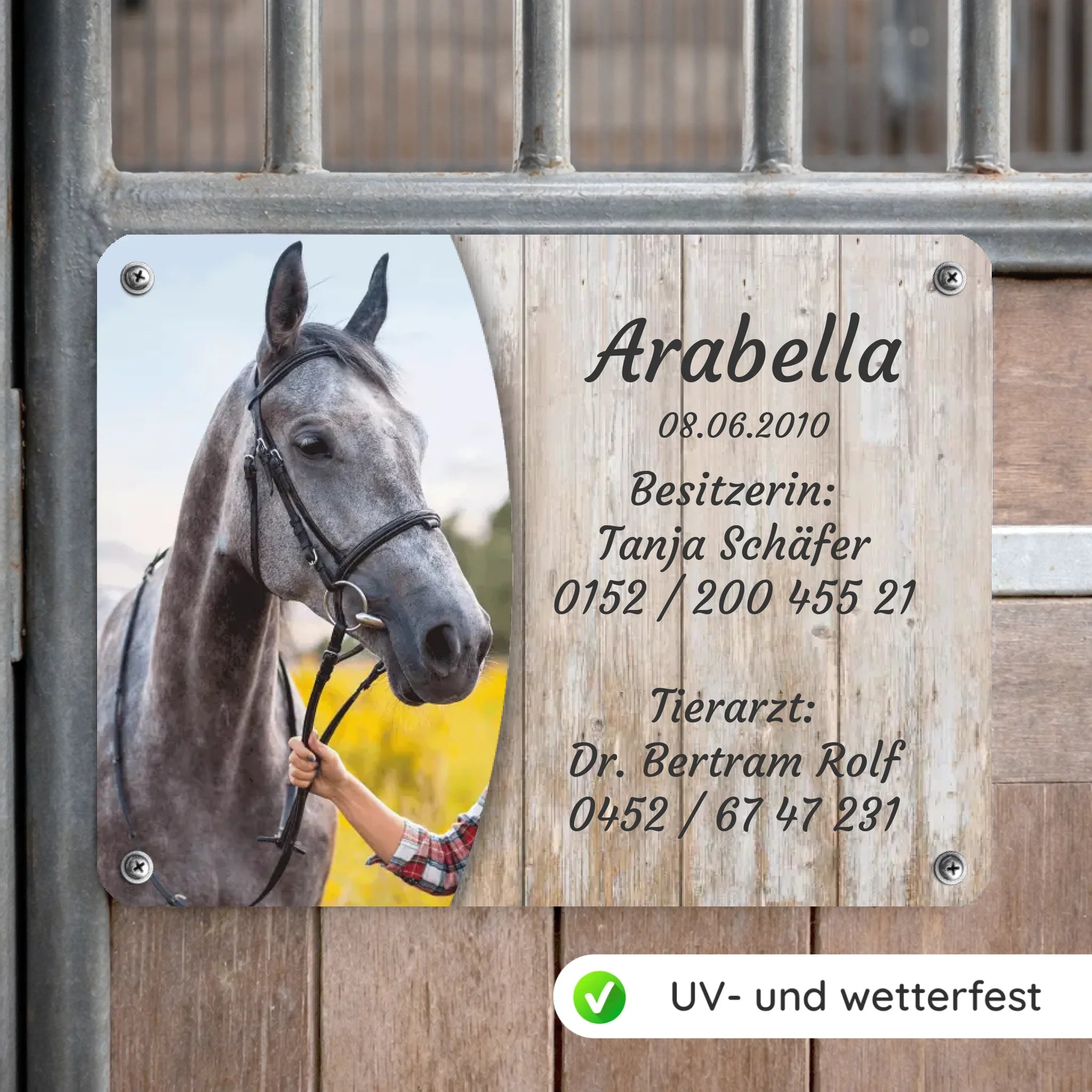Pferde Boxenschild mit Foto & Wunschtext (UV- und wetterfest)