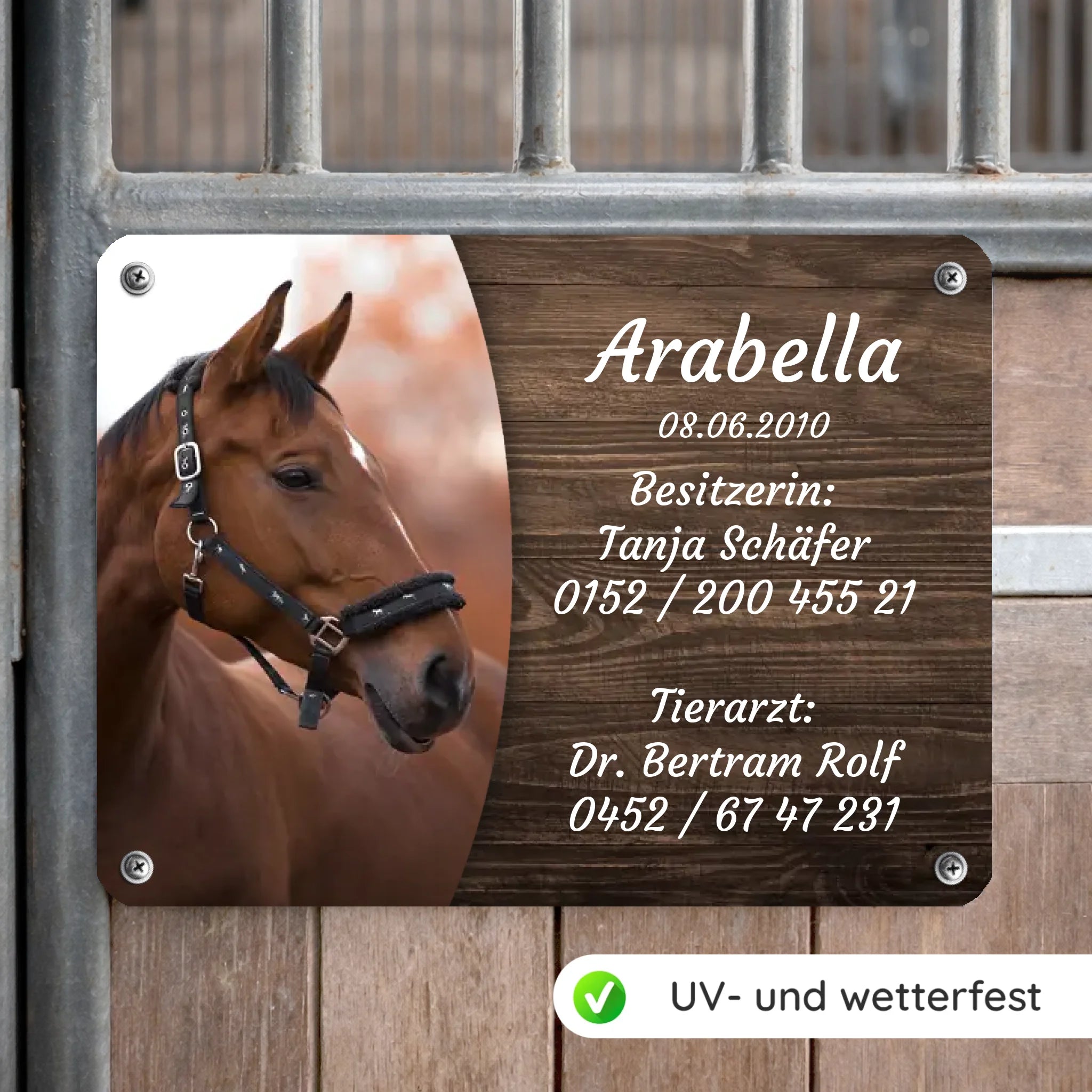 Pferde Boxenschild mit Foto & Wunschtext (UV- und wetterfest)