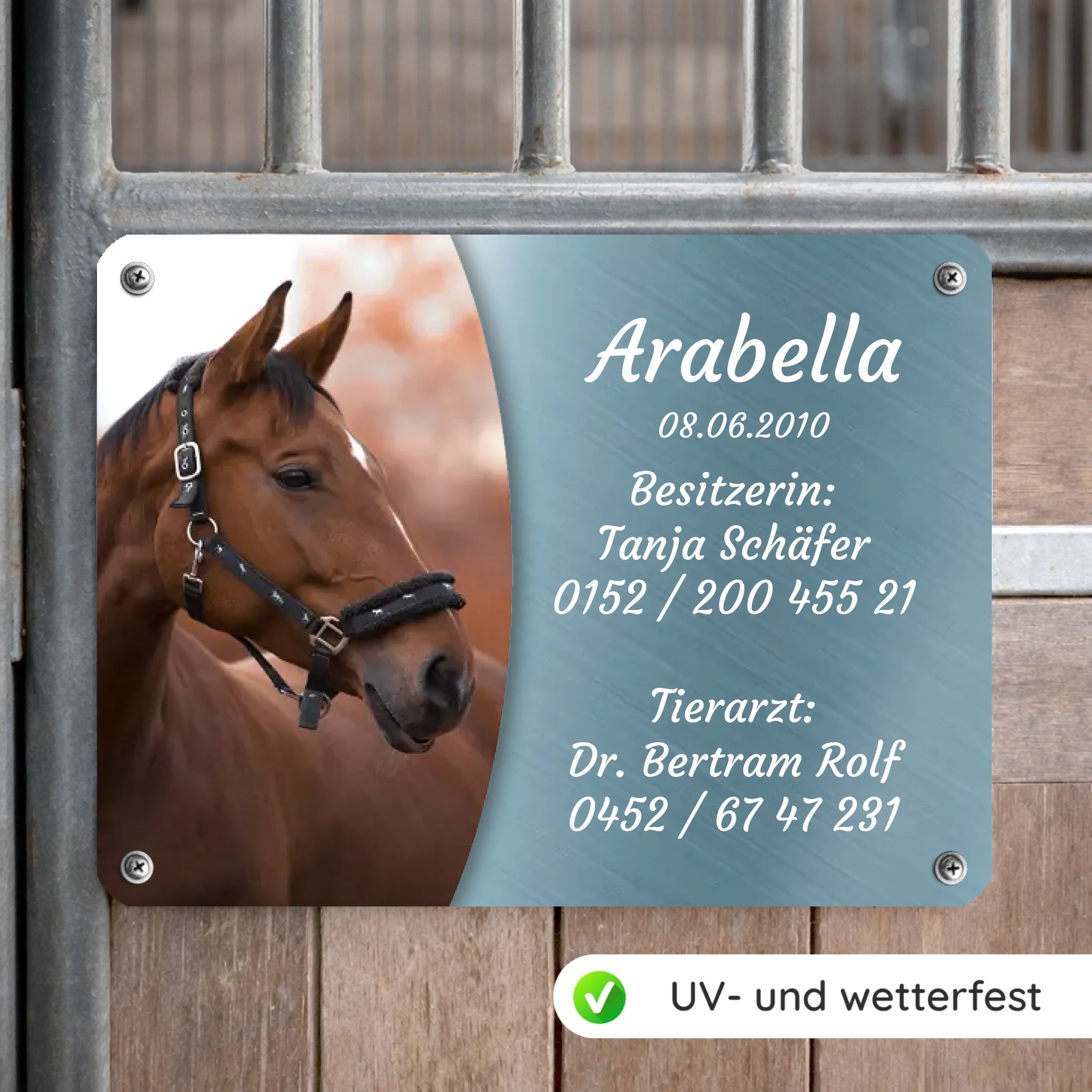 Pferde Boxenschild mit Foto & Wunschtext (UV- und wetterfest)