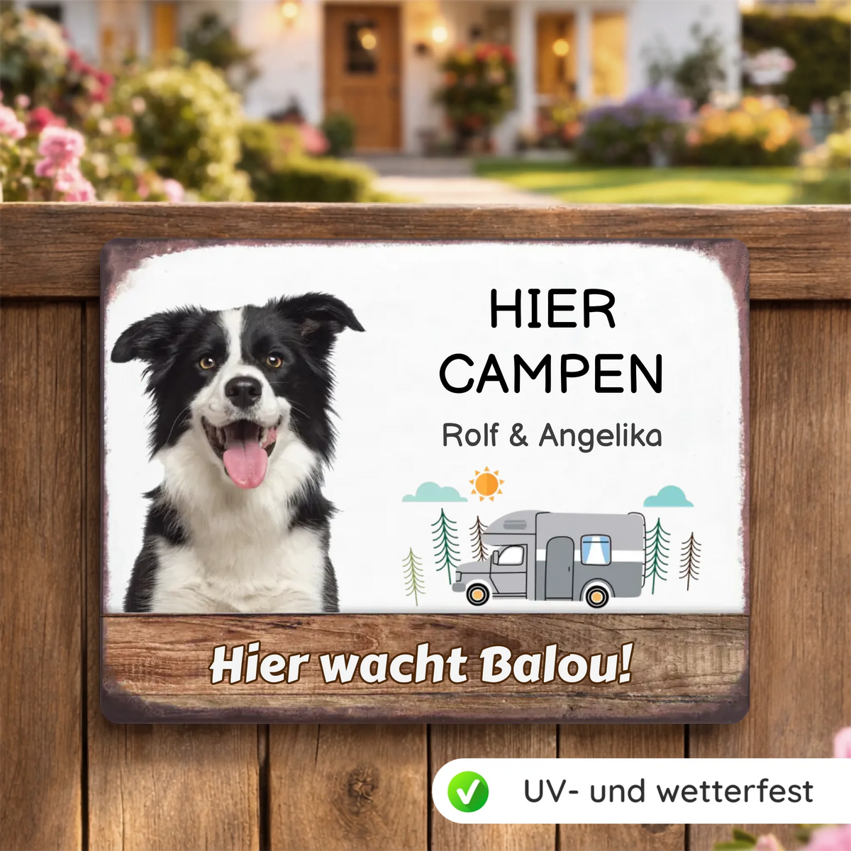 Hunde Camping-Schild personalisiert mit Foto & Text (UV- und wetterfest)