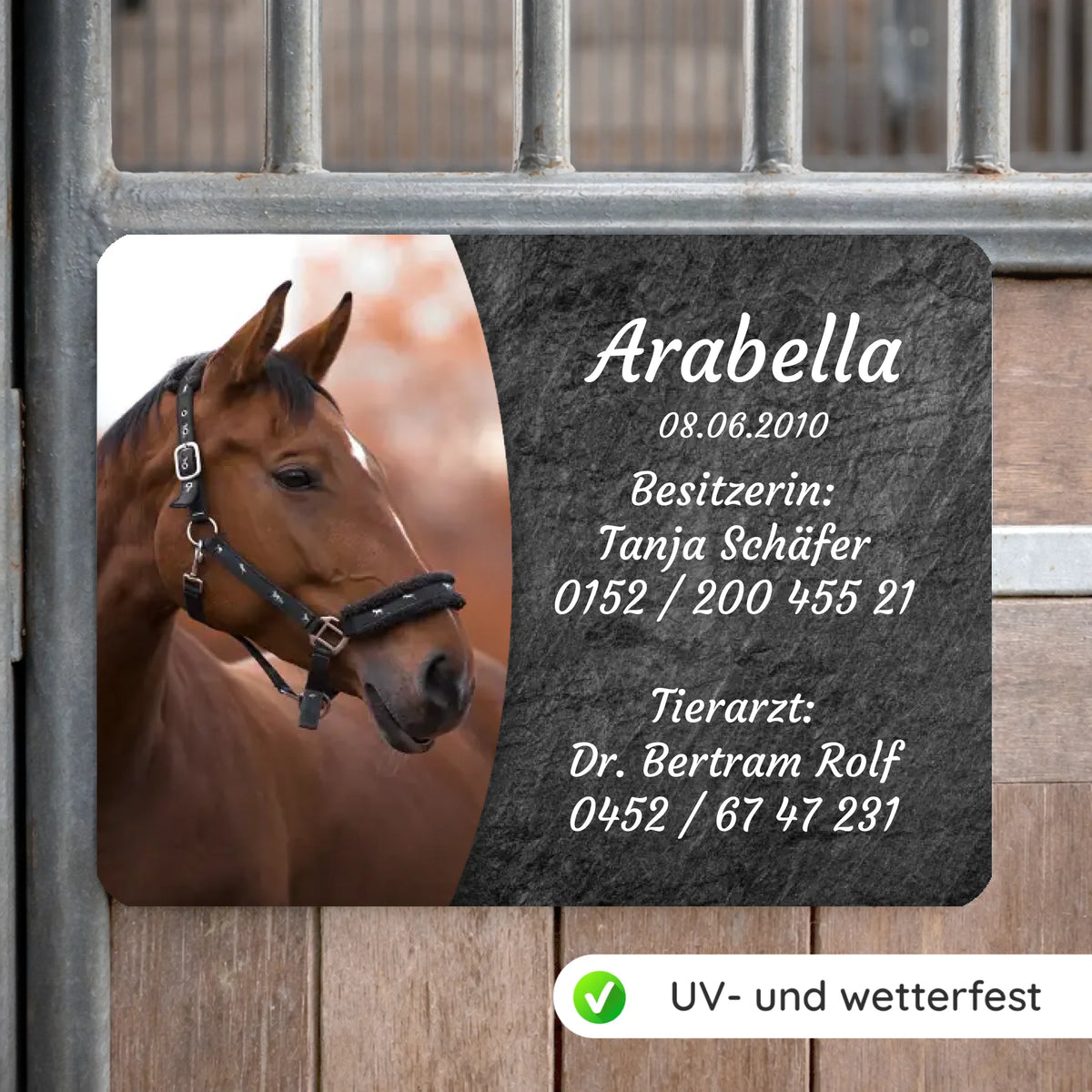 Pferde Boxenschild mit Foto & Wunschtext (UV- und wetterfest)