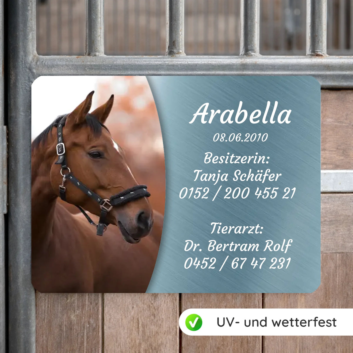 Pferde Boxenschild mit Foto & Wunschtext (UV- und wetterfest)