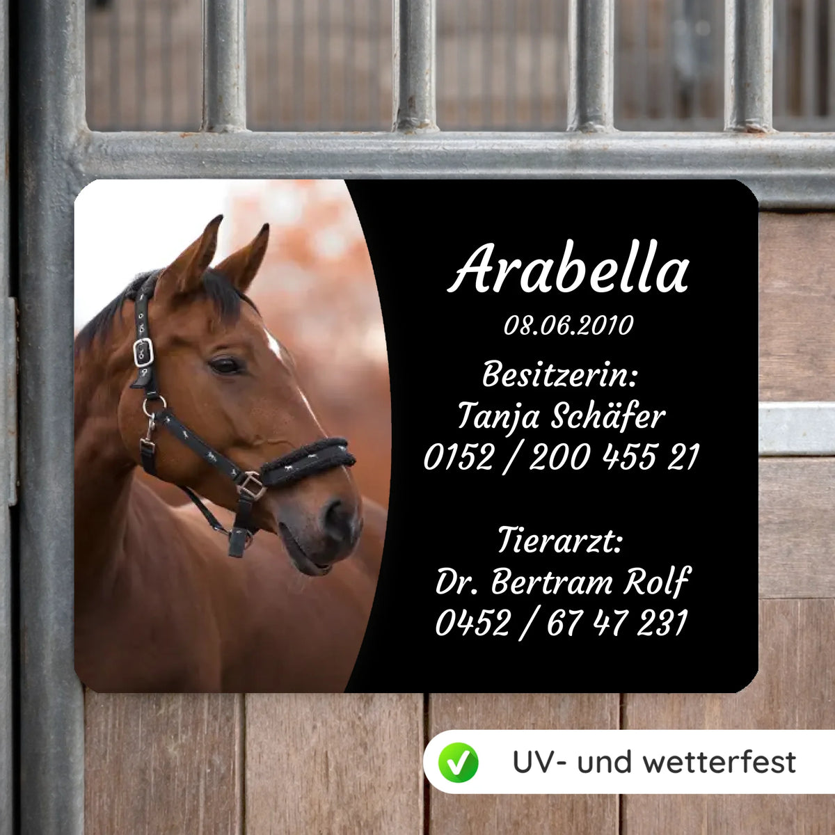 Pferde Boxenschild mit Foto & Wunschtext (UV- und wetterfest)