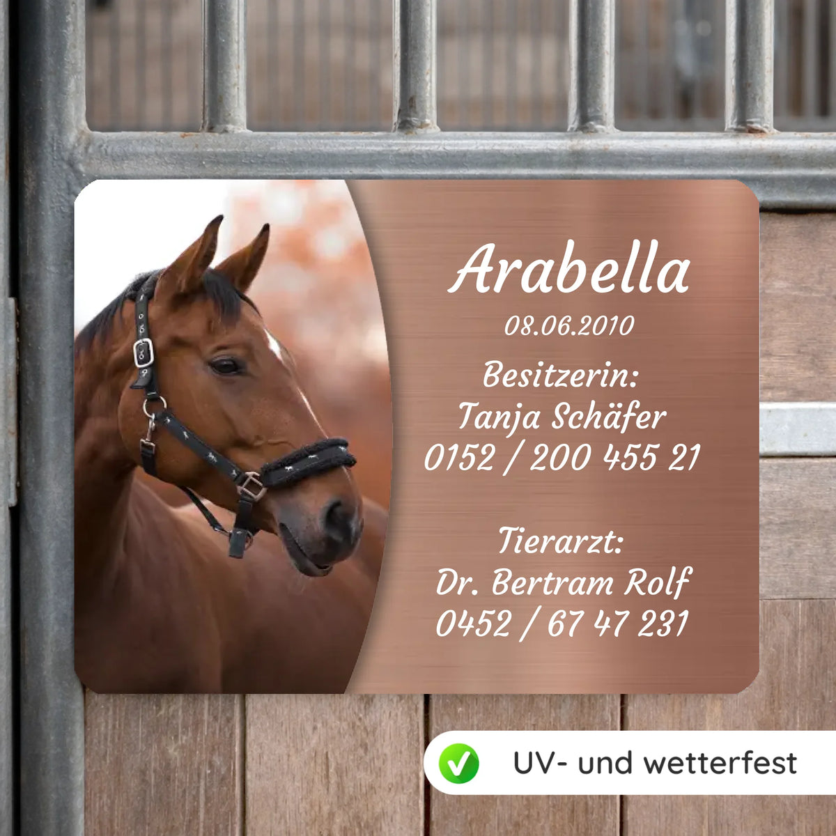 Pferde Boxenschild mit Foto & Wunschtext (UV- und wetterfest)