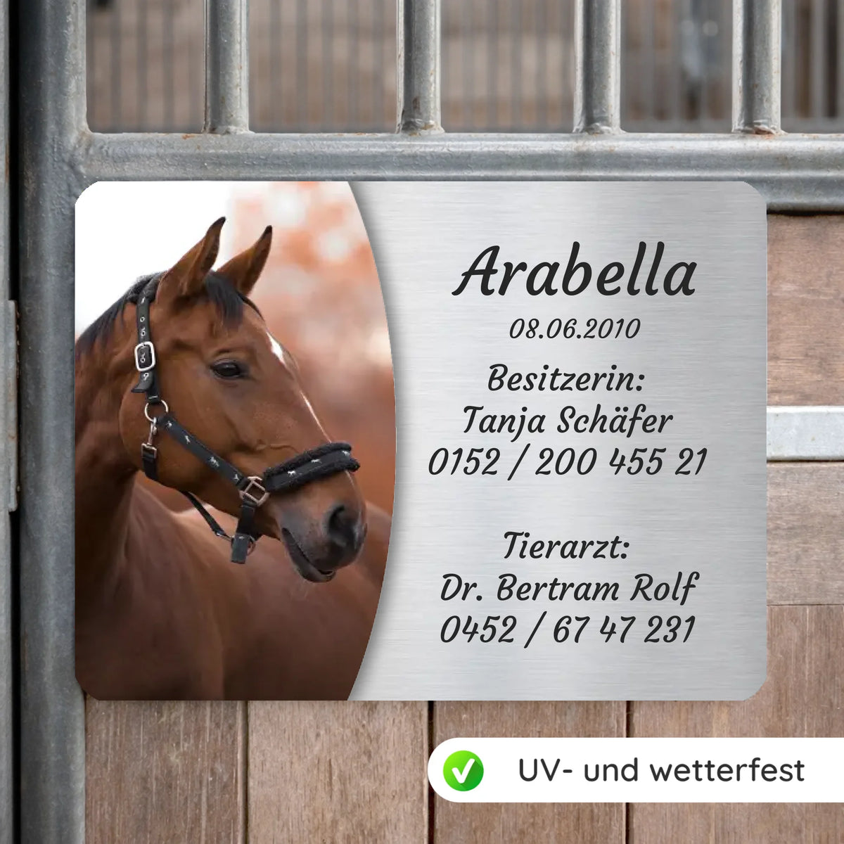 Pferde Boxenschild mit Foto & Wunschtext (UV- und wetterfest)