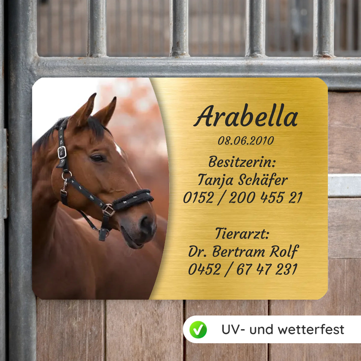 Pferde Boxenschild mit Foto & Wunschtext (UV- und wetterfest)
