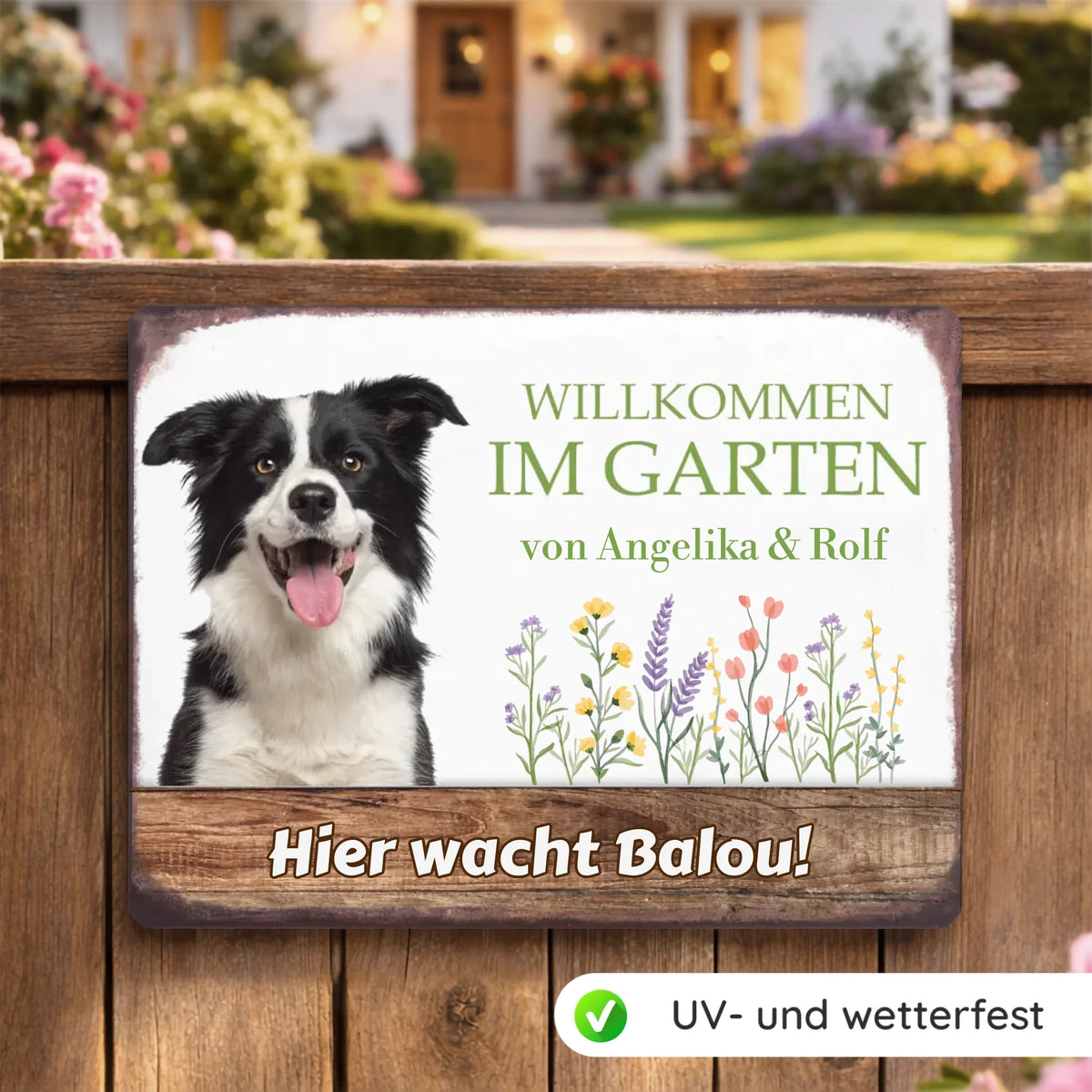 Hunde Garten-Schild personalisiert mit Foto & Text (UV- und wetterfest)