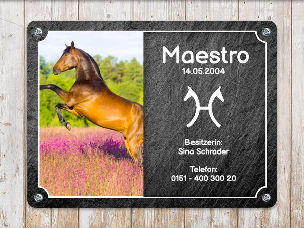 Pferde Boxenschild Schieferdesign mit Foto & Wunschtext
